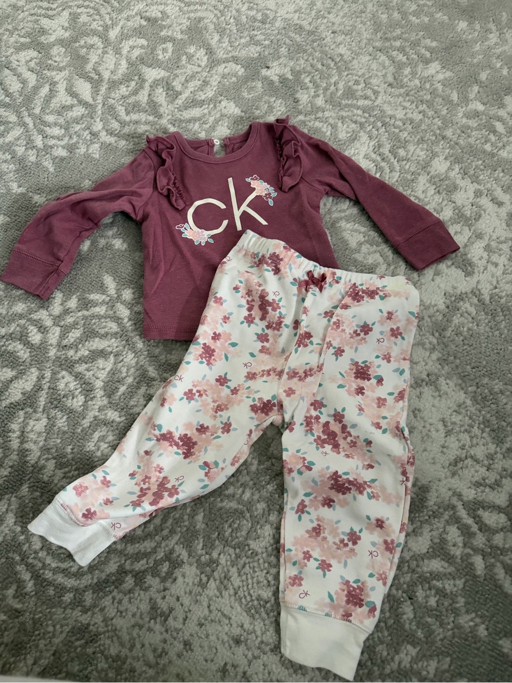 Calvin Klein Mauve Ruffle Logo Top with Floral Pink Pants